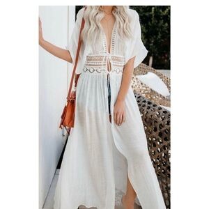 Blue Rain maxi swim coverup sizeS front tie lace crochet details loose flowy